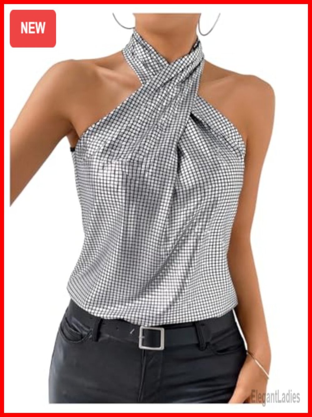 Women's Silver Sequin Halter Top Metallic Going Out Top